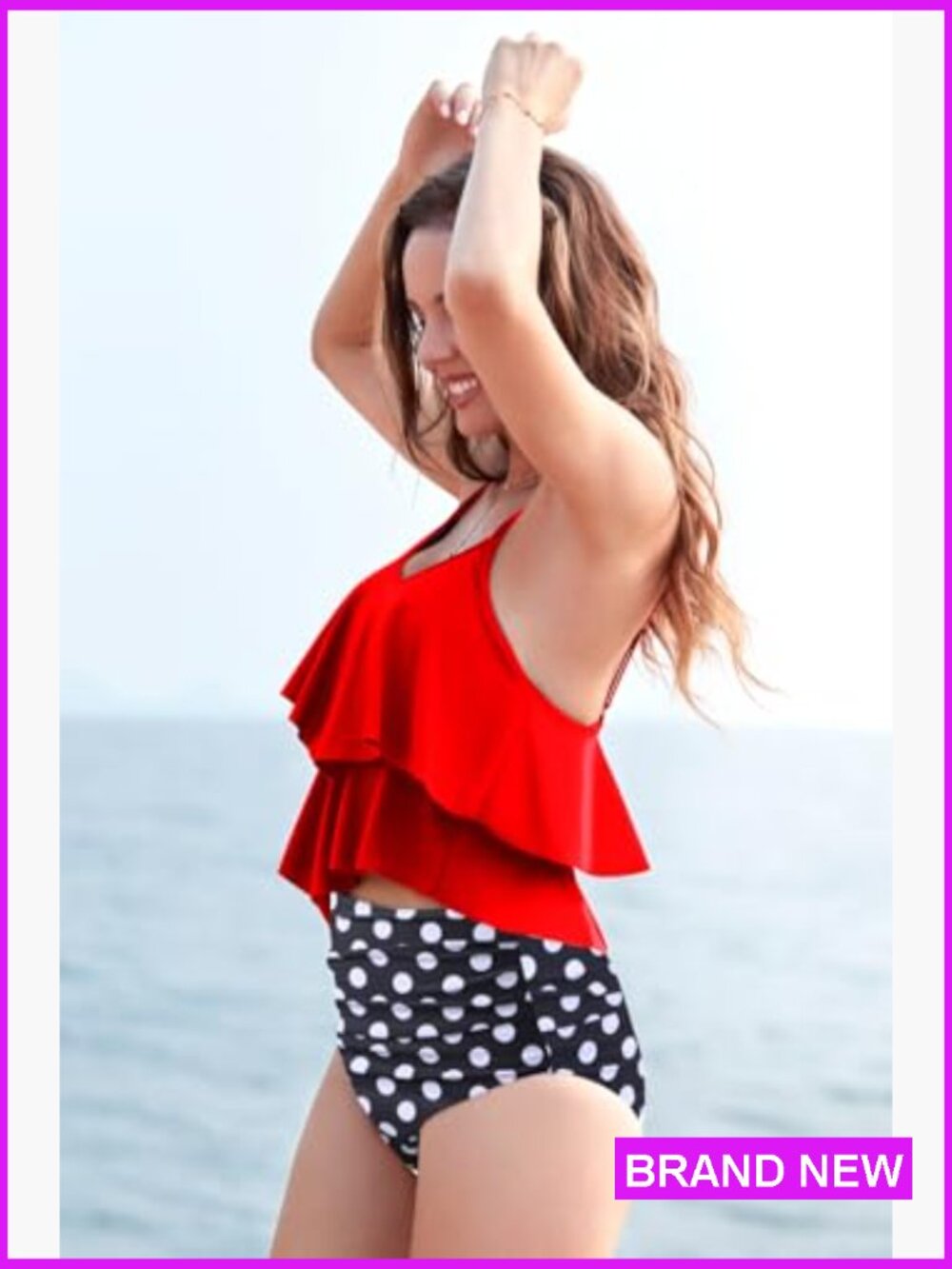 Flounce Tankini High Waisted Tummy Control Halter Neck Swim Set Sleeveless - Picture 2 of 7